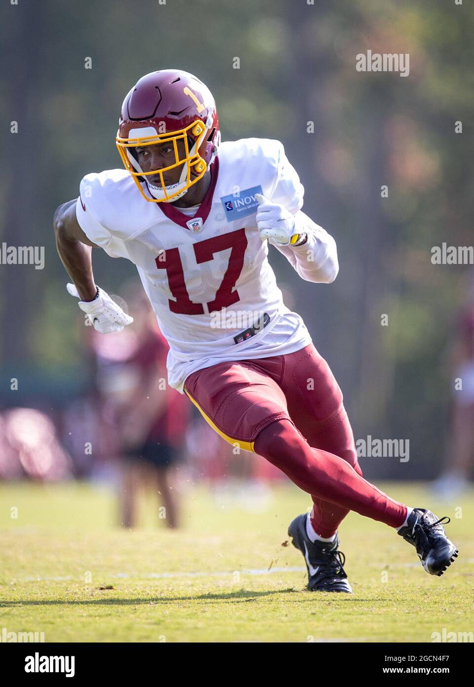 August 9, 2021: Washington Football Team wide receiver Terry McLaurin (17)  runs an out route during the team's NFL football training camp practice at  the Washington Football Team Facilities in Ashburn, Virginia