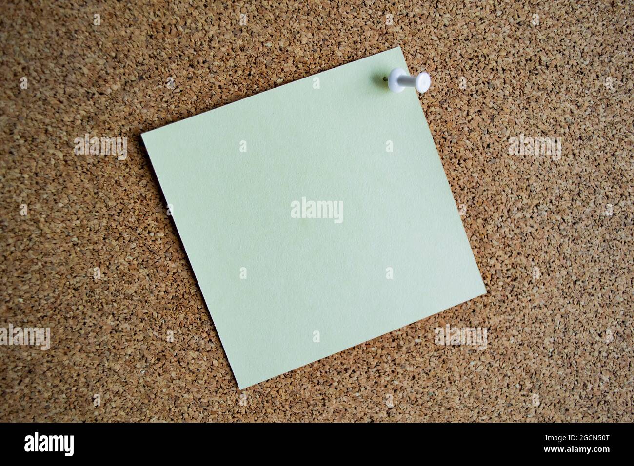 A light green paper note on a cork board, attached with a white pushpin. Copy space. Stock Photo