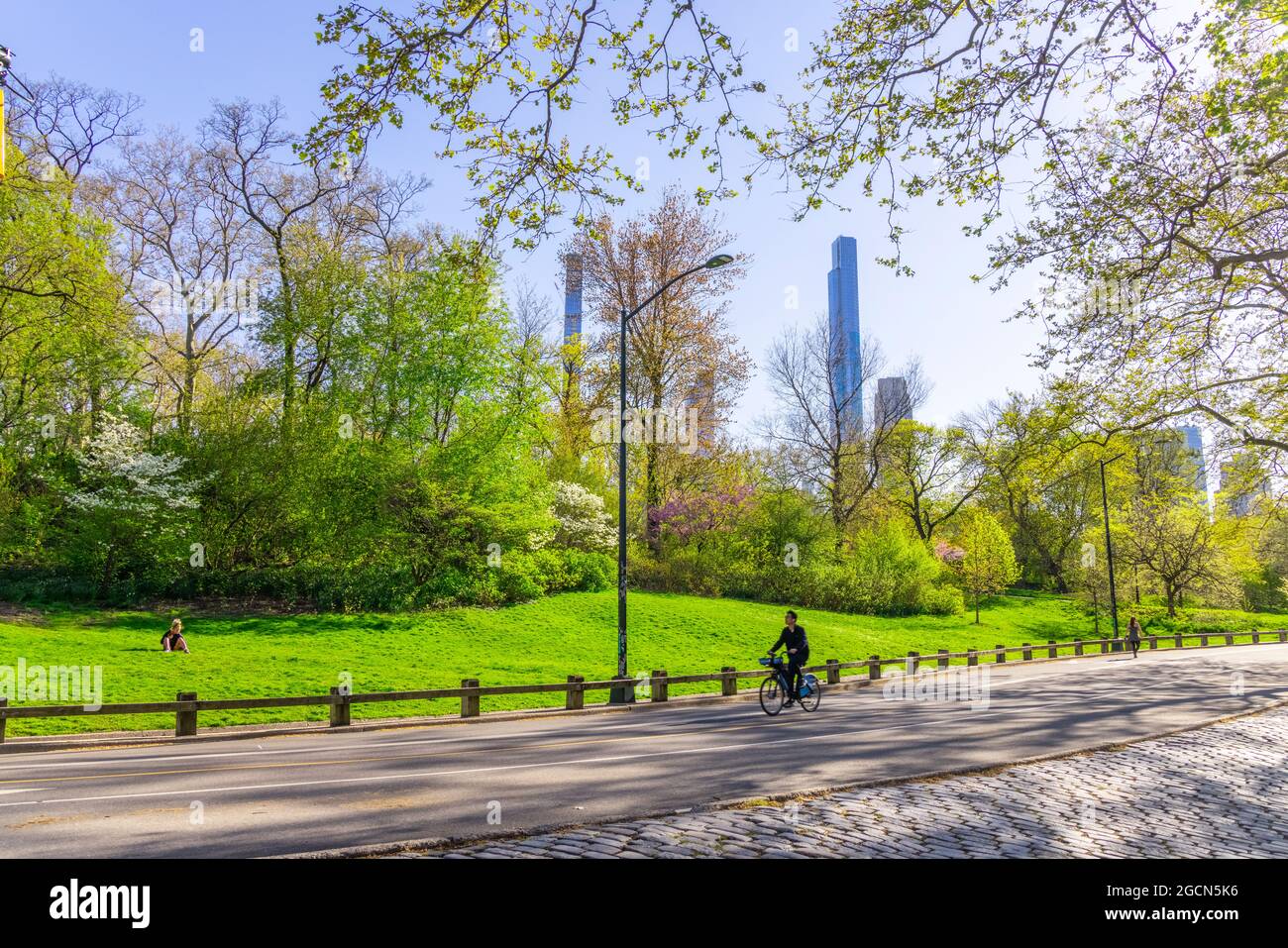 People ride bicycle on the Park road of Central Park NYC Stock Photo