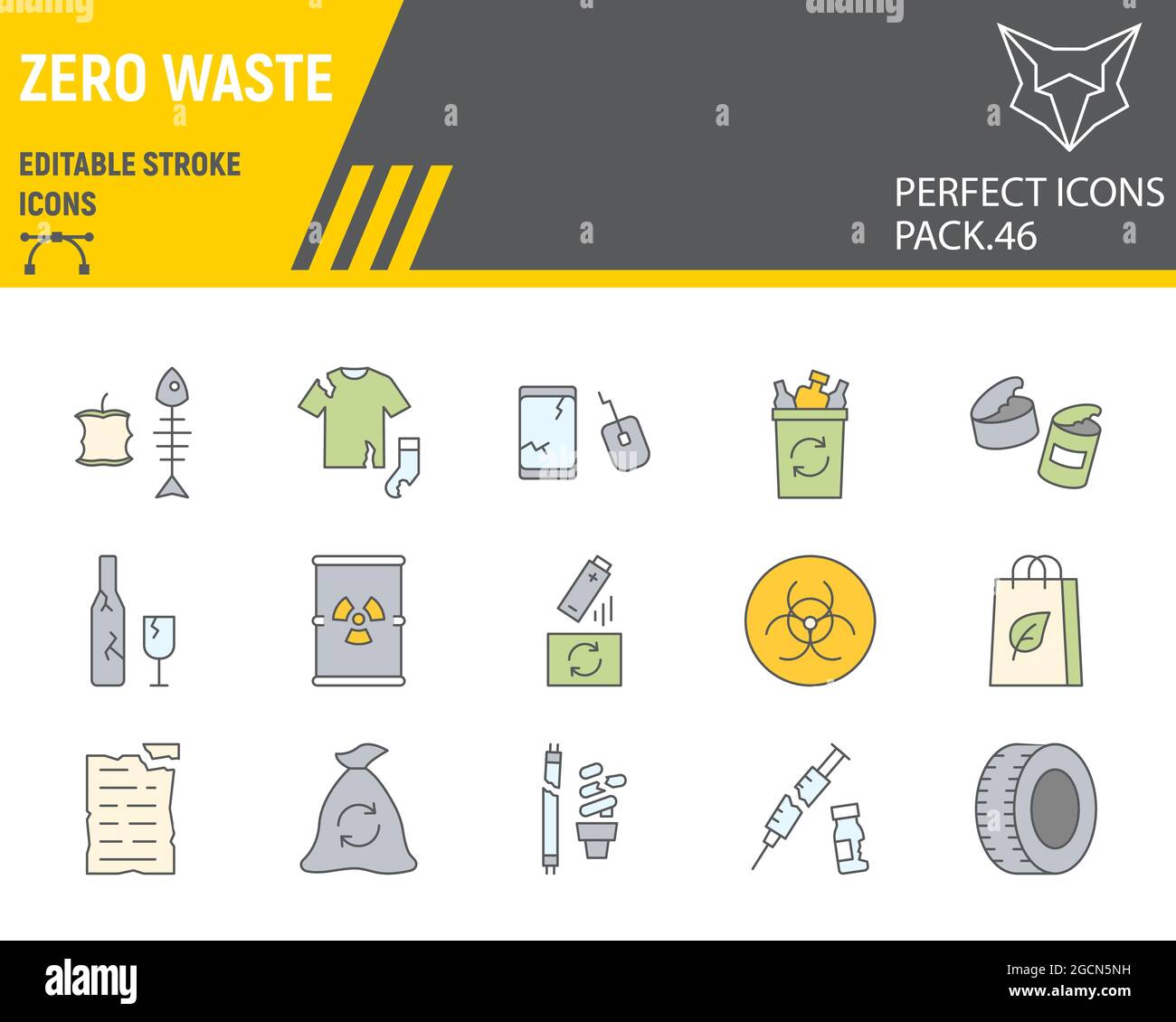 Zero waste color line icon set, recycle collection, vector graphics, logo illustrations, zero waste vector icons, environment signs, filled outline pi Stock Vector