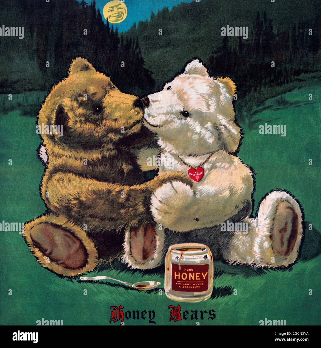 Honey bears - Two loving bears kissing with a jar of honey nearby Stock Photo