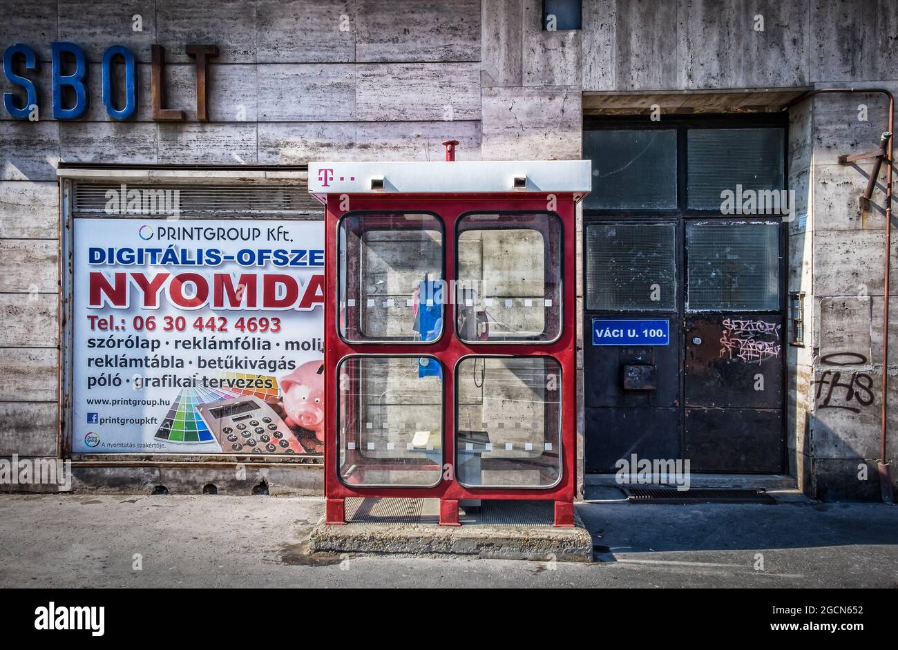 Budapest, Hungary, March 2020, view of a telephone box in Vaci street Stock Photo