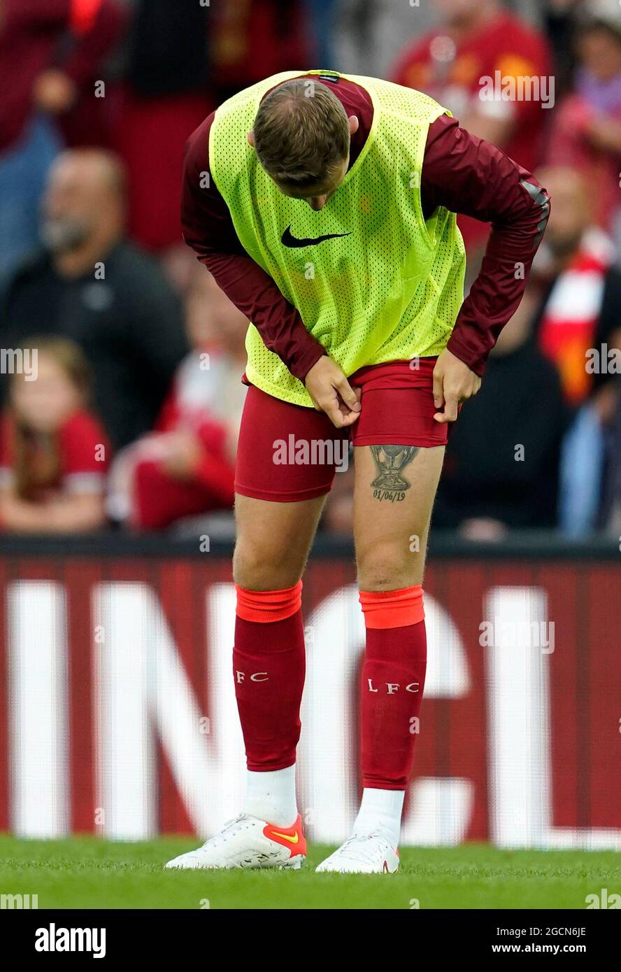 A tattoo on the leg of Liverpool's Jordan Henderson during the pre-season  friendly match at Anfield, Liverpool. Picture date: Monday August 9, 2021  Stock Photo - Alamy