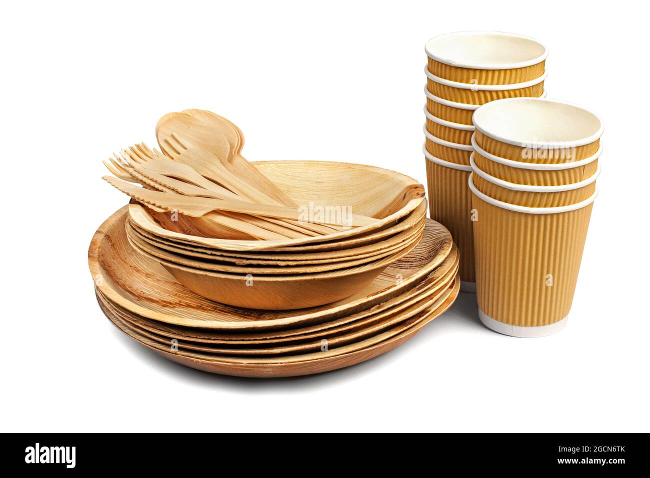Eco friendly wooden tableware on white background Stock Photo