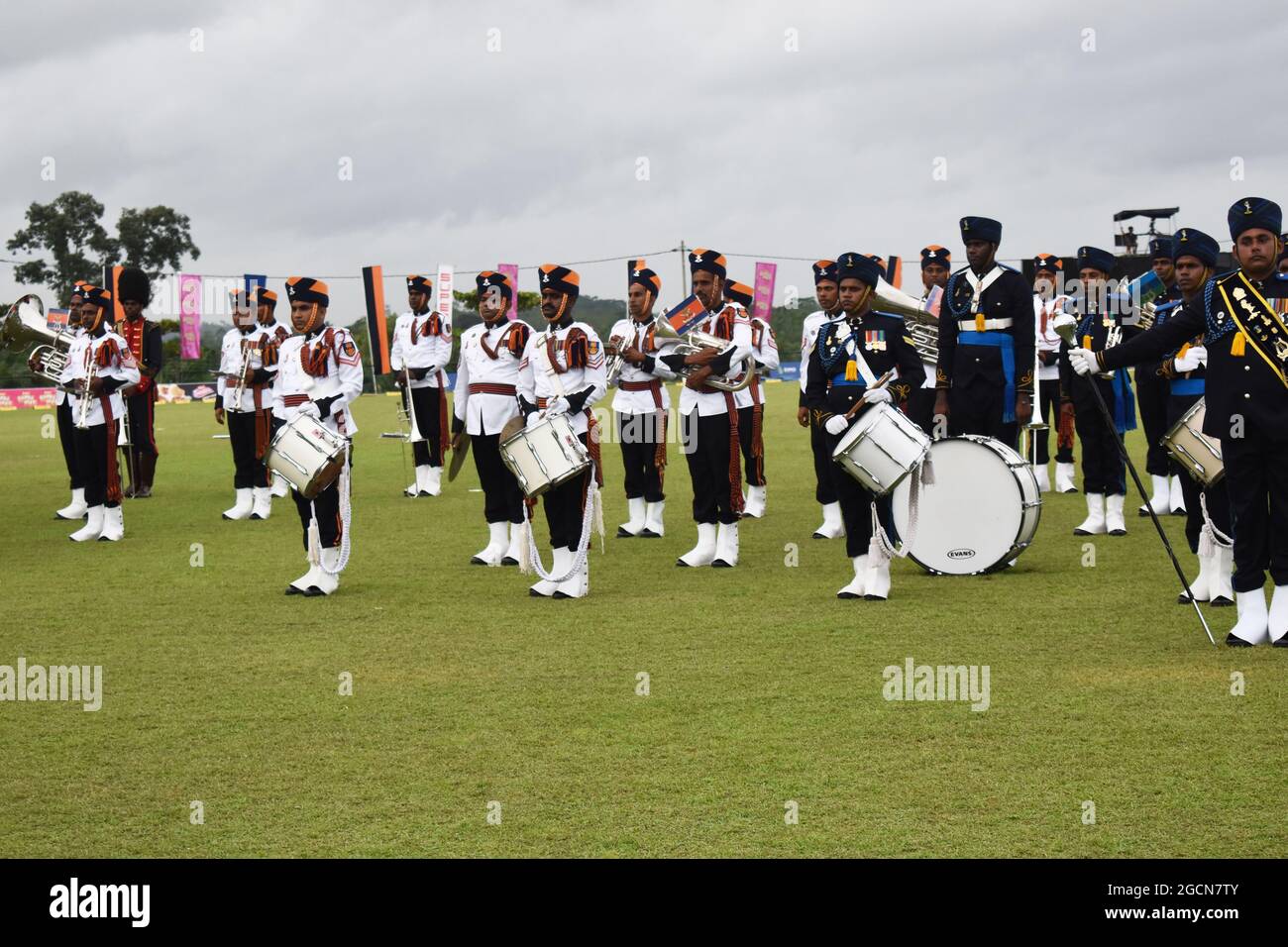 Sri Lanka Army bands at an opening ceremony of a cricket league. Army Ordinance cricket grounds. Dombagoda. Sri Lanka. Stock Photo
