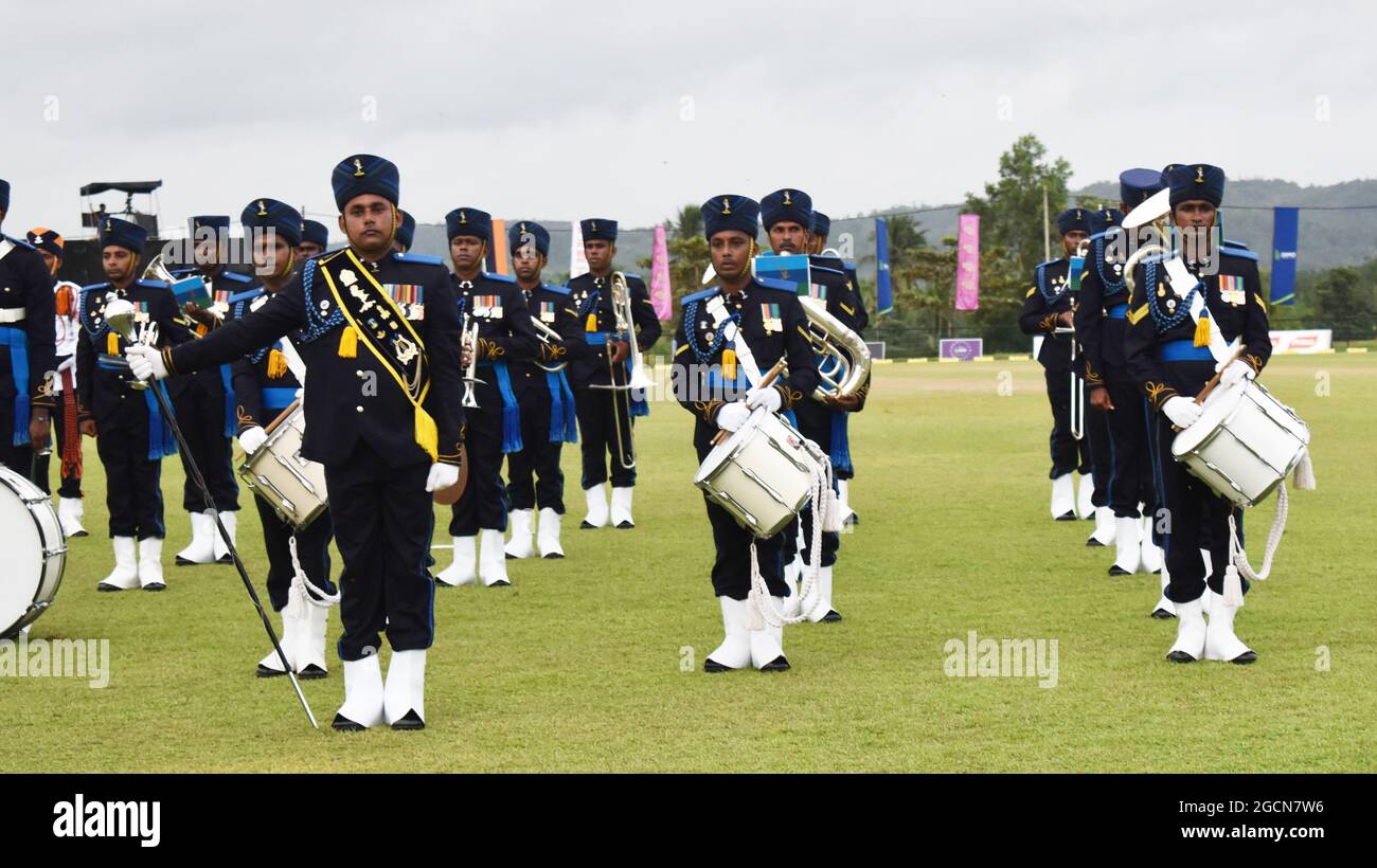 Sri Lanka Army bands at an opening ceremony of a cricket league. Army Ordinance cricket grounds. Dombagoda. Sri Lanka. Stock Photo