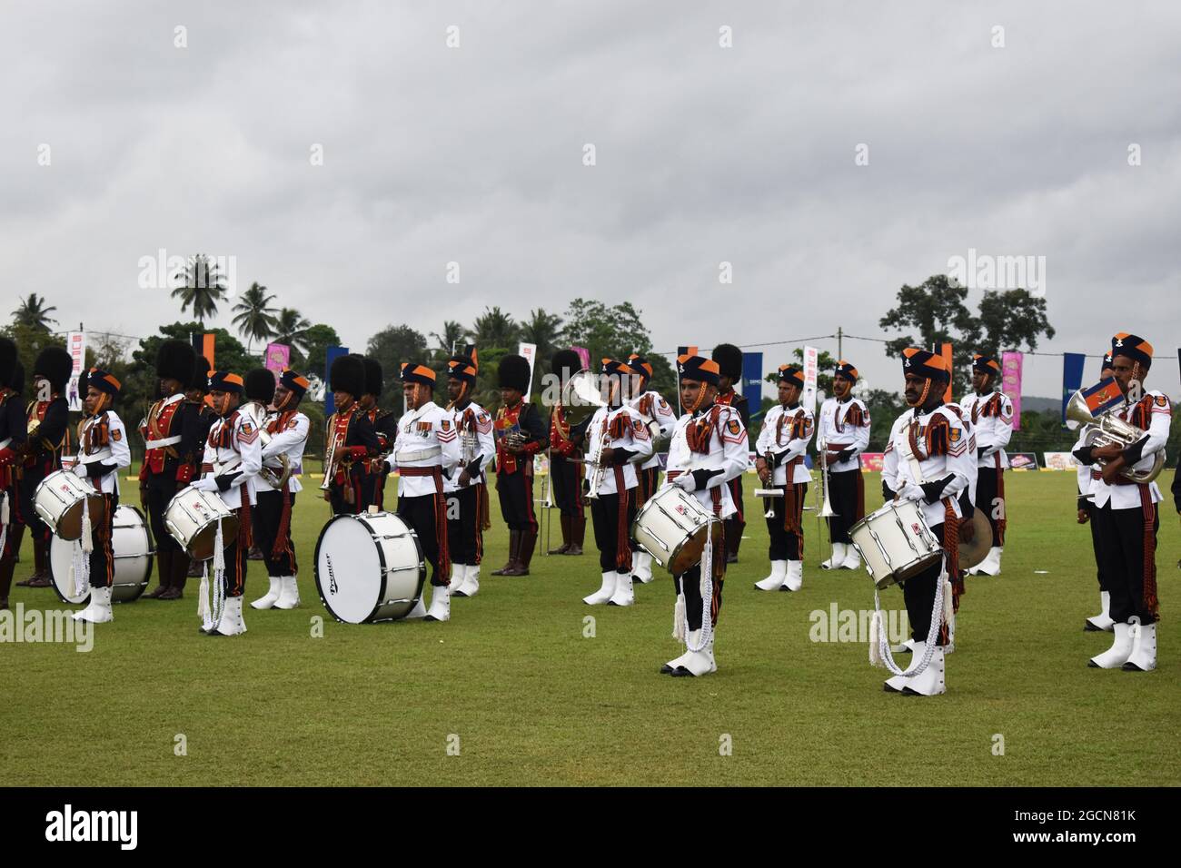 Sri Lanka Army bands at an opening ceremony of a cricket league. Army Ordinance cricket grounds. Dombagoda. Sri Lanka. Stock Photo