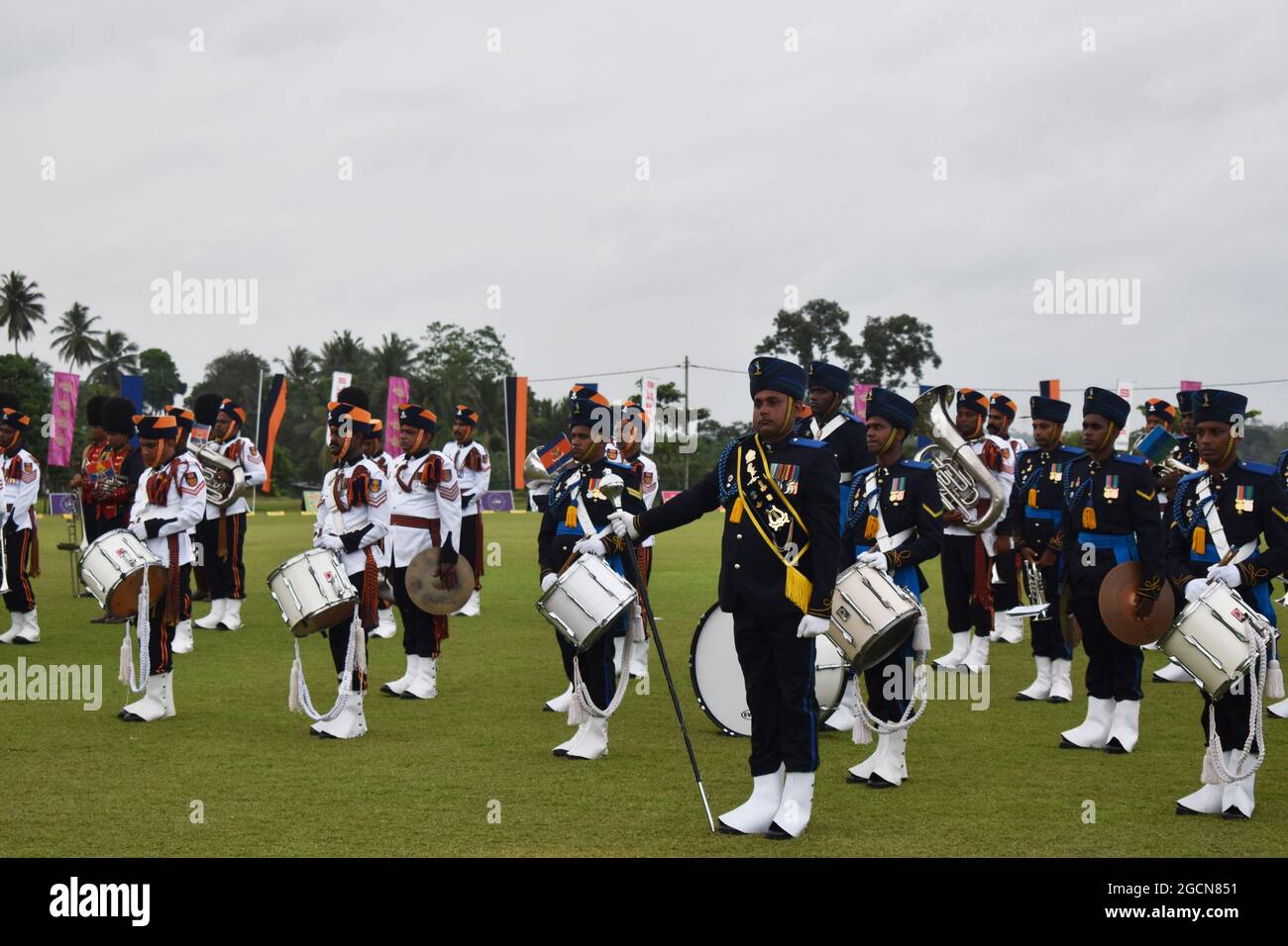 Sri Lanka Army bands at an opening ceremony of a cricket league. Army Ordinance cricket grounds. Dombagoda. Sri Lanka. Stock Photo