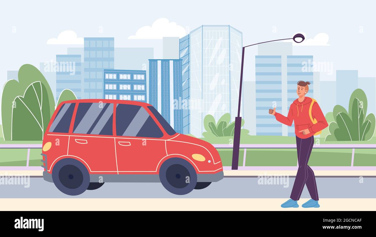 Flat cartoon character in city life scene with road traffic,vector ...