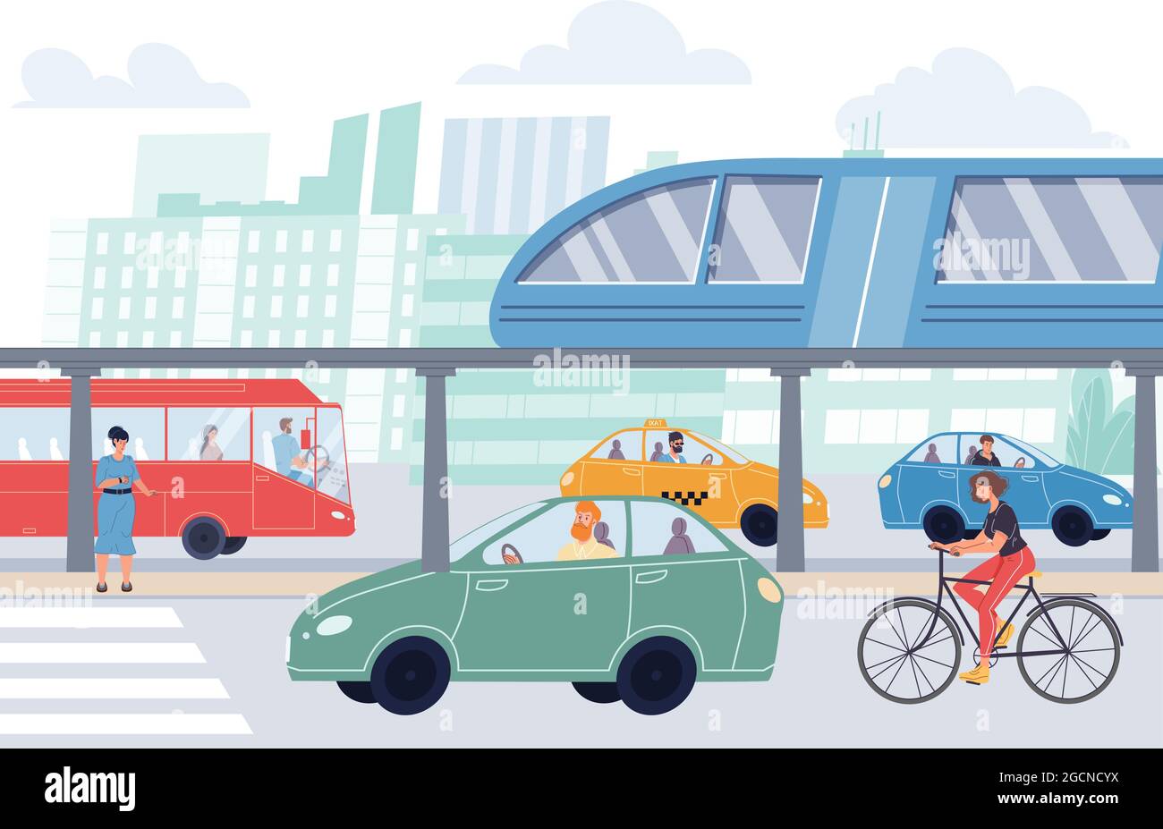 Flat cartoon characters in city life scene with road traffic,vector ...