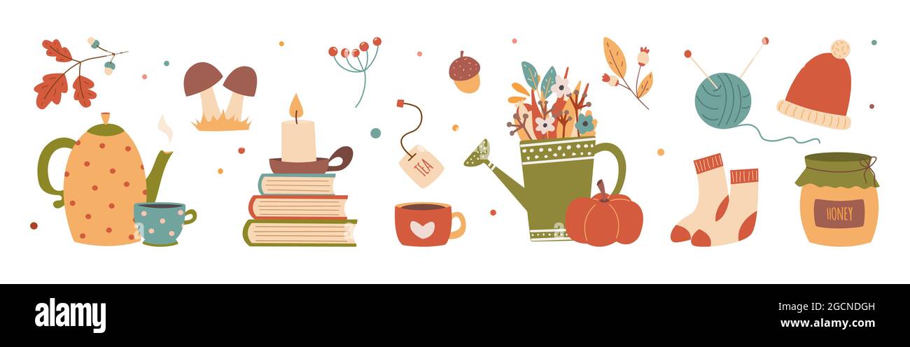 Autumn cute cozy design elements decorative bundle. Vector illustration Stock Vector