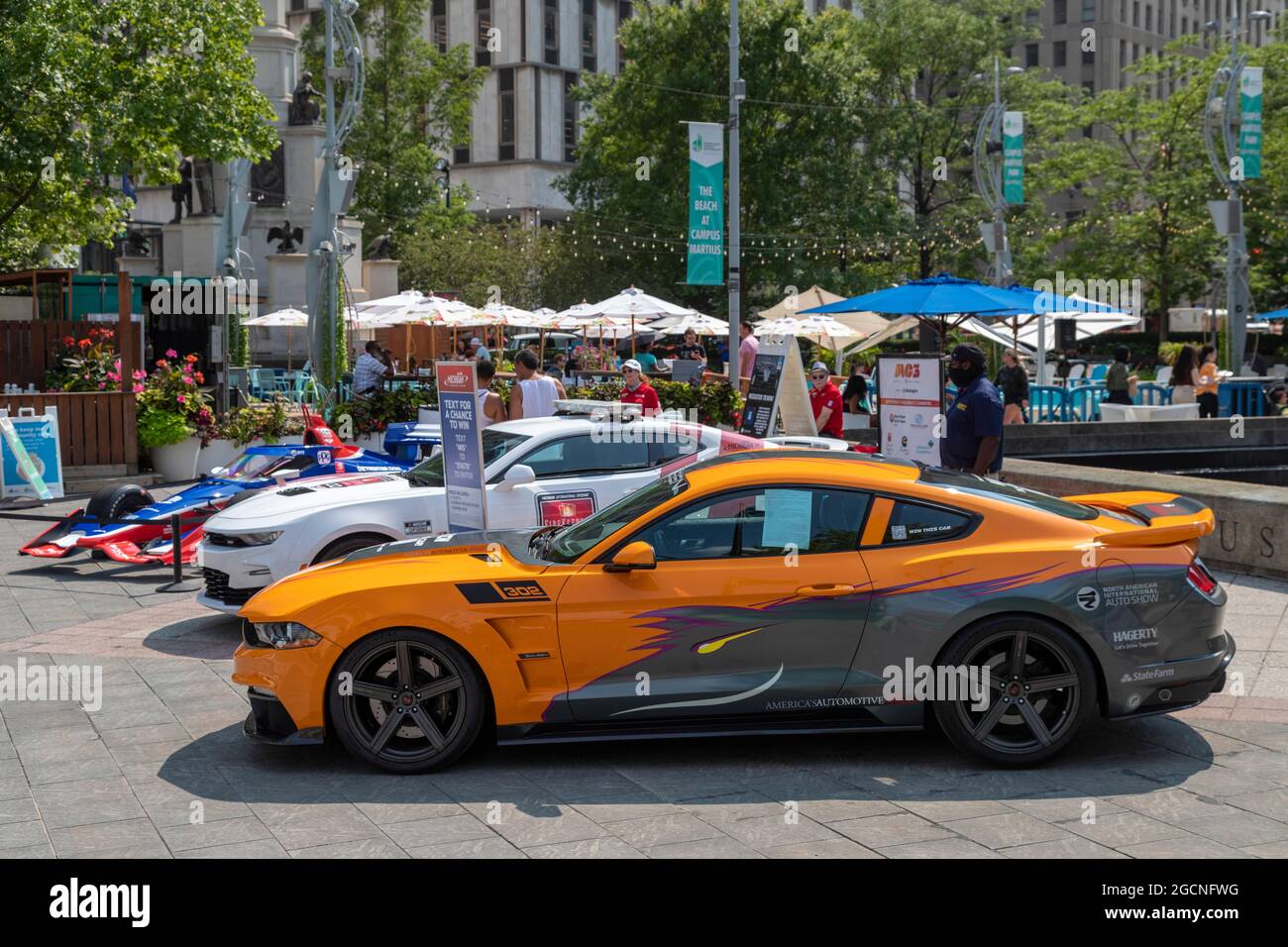 Detroit, Michigan - A 2019 Saleen Mustang S-302 Black Label and other racing cars on display at the Motor City Car Crawl. The event, a mini-substitute Stock Photo