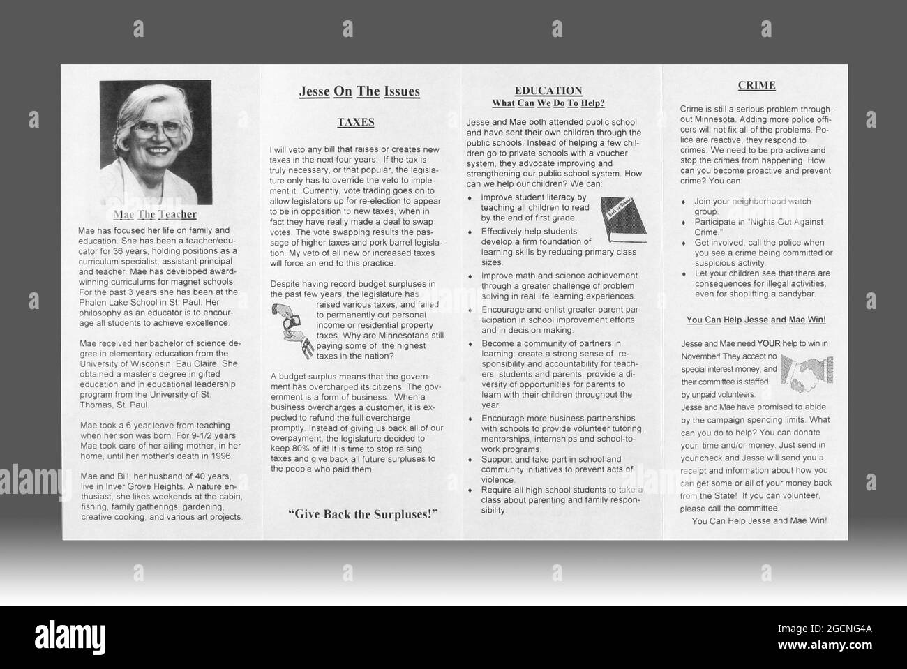 1998 election year material for Minnesota Reform Party candidates for Governor and Lieutenant Governor, Jesse Ventura and Mae Schunk. Stock Photo