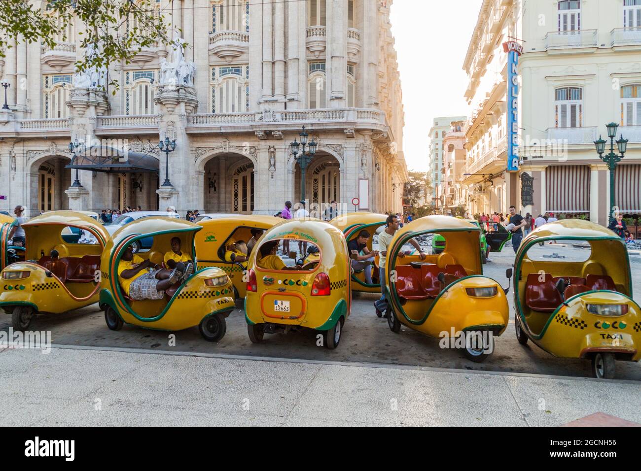 HAVANA, CUBA - FEB 21, 2016: Row of coco taxis in the center of Havana. Stock Photo