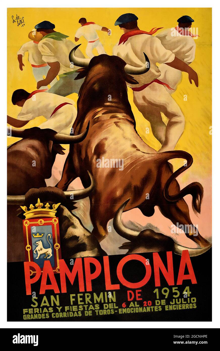 Vintage Poster San Fermin Running Of The Bulls Pamplona Spain Encierro. 1954. Stock Photo