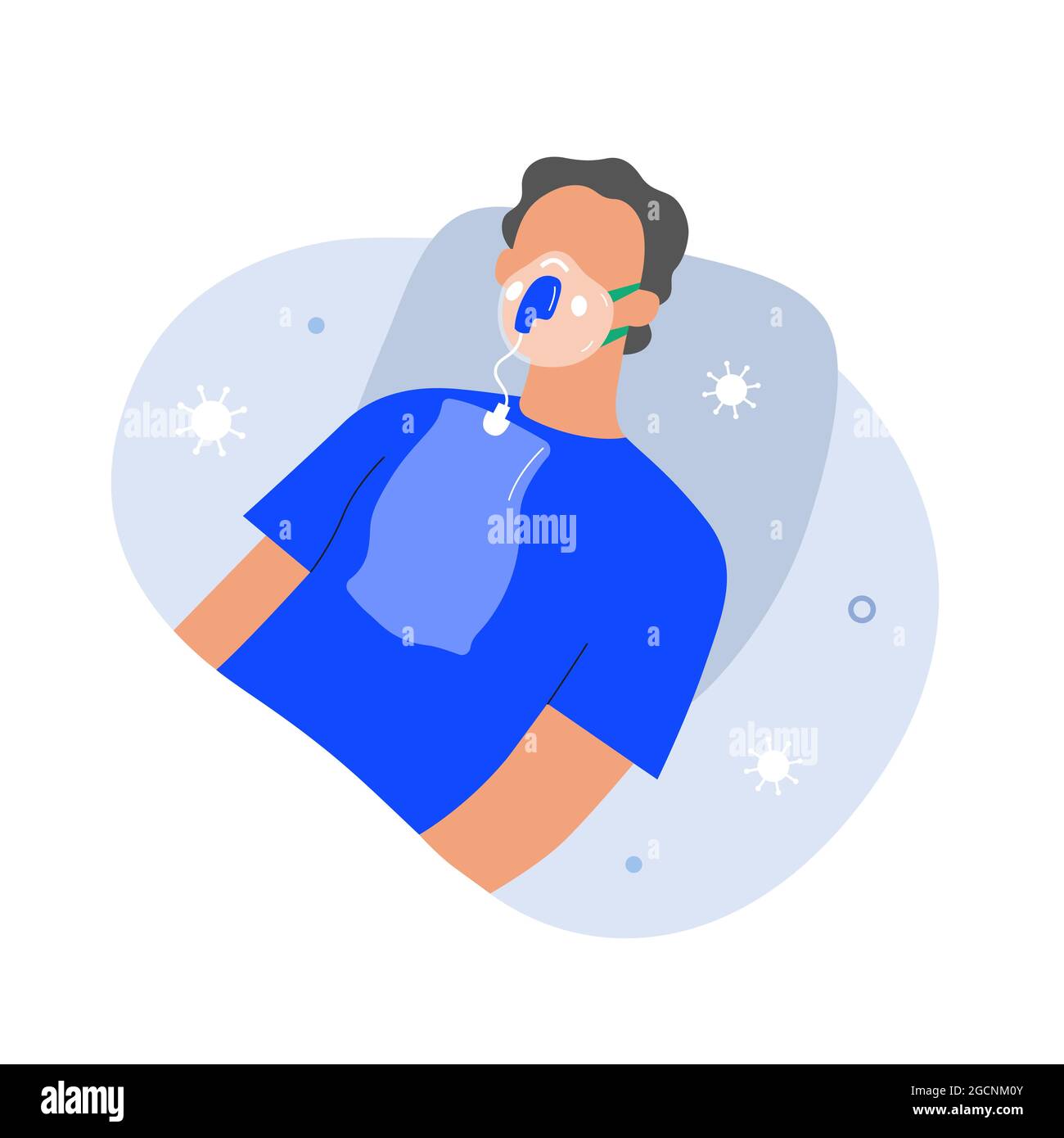 Covid patient with oxygen mask, senior woman receiving intensive care oxygen therapy, erson suffering from low saturation, vector cartoon illustration Stock Vector