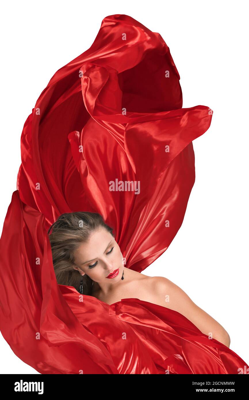 Portrait of young beautiful woman with red silk cloth isolated on white background Stock Photo
