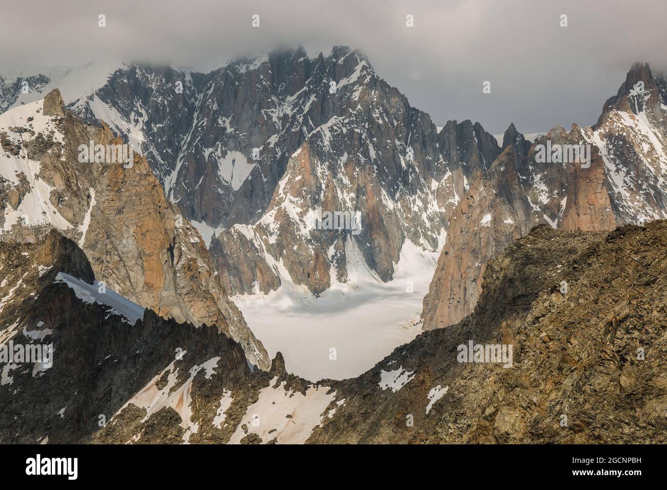 View of Monte Bianco in the summer season. Skyway Monte Bianco is a cable car in the Alps, linking the Italian town of Courmayeur with Pointe Helbronn Stock Photo