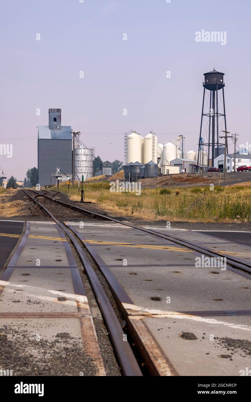 railroad tracks leading to granaries, Garfield, Washington State, USA, Stock Photo