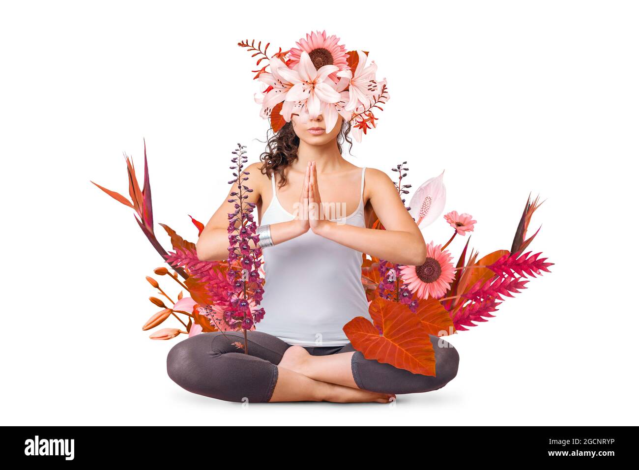 Abstract art design of young woman doing yoga with flowers around body isolated on white background Stock Photo