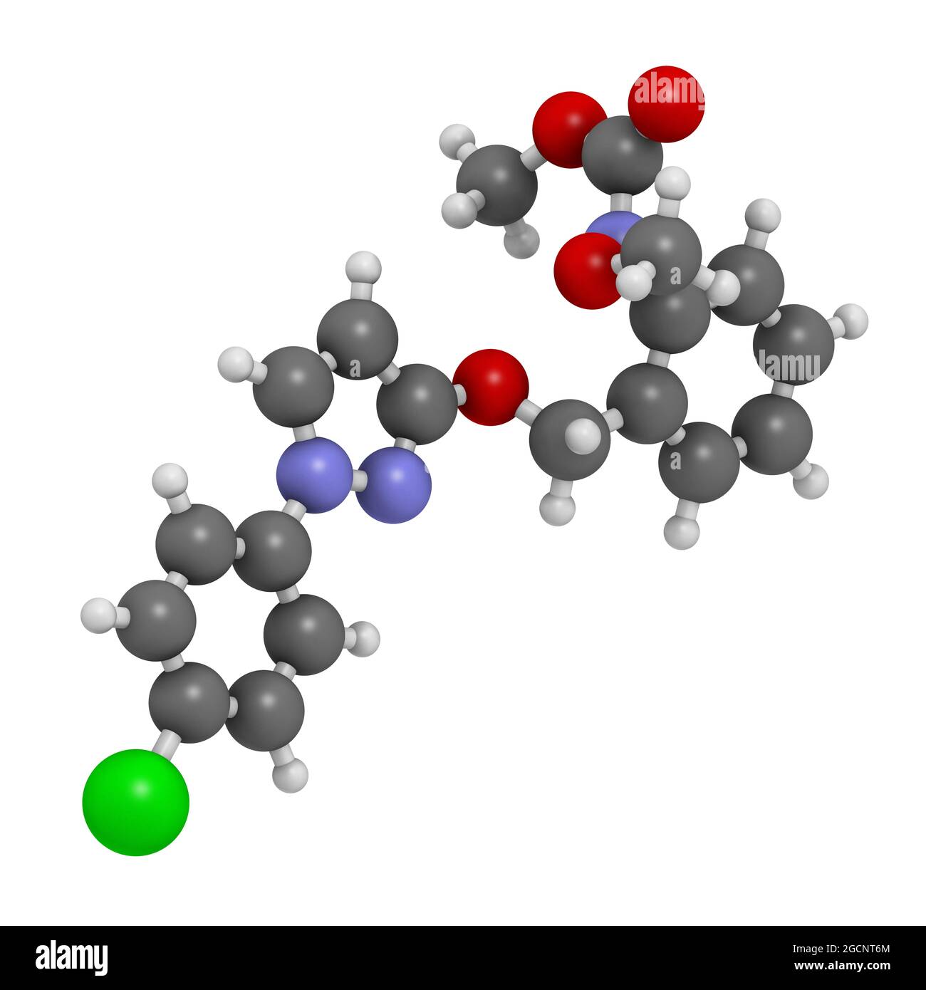 Pyraclostrobin fungicide molecule. 3D rendering. Atoms are repre Stock Photo