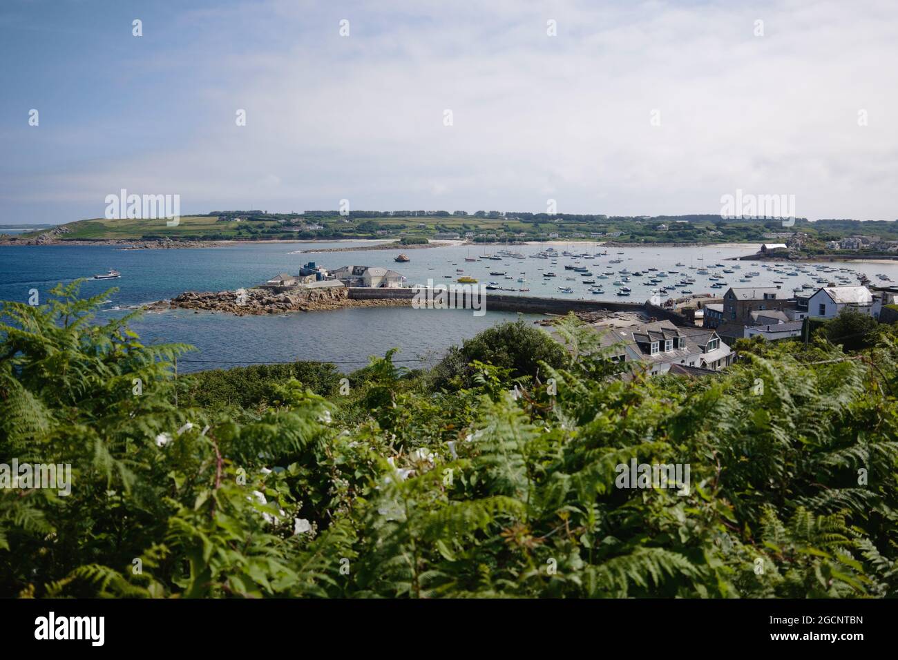 View of Hugh Town from Garrison Hill, St Mary's island, Isles of Scilly, Cornwall, England, UK, July 2021 Stock Photo