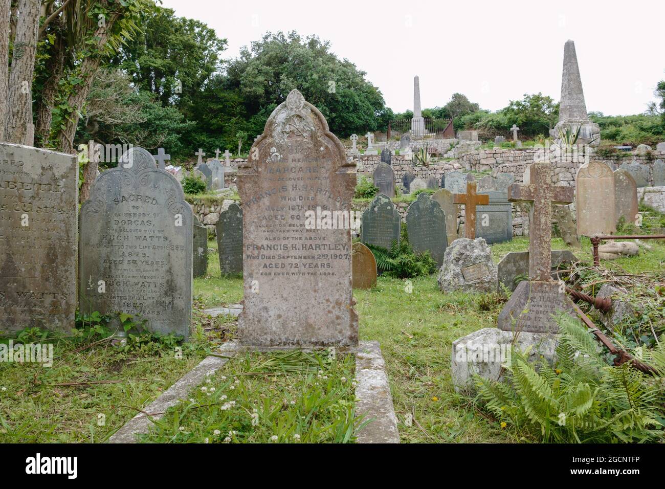 Graveyard of St Mary's Old Church, dating from the 12th century, Old Town, St Mary's island, Isles of Scilly, Cornwall, England, UK, July 2021 Stock Photo