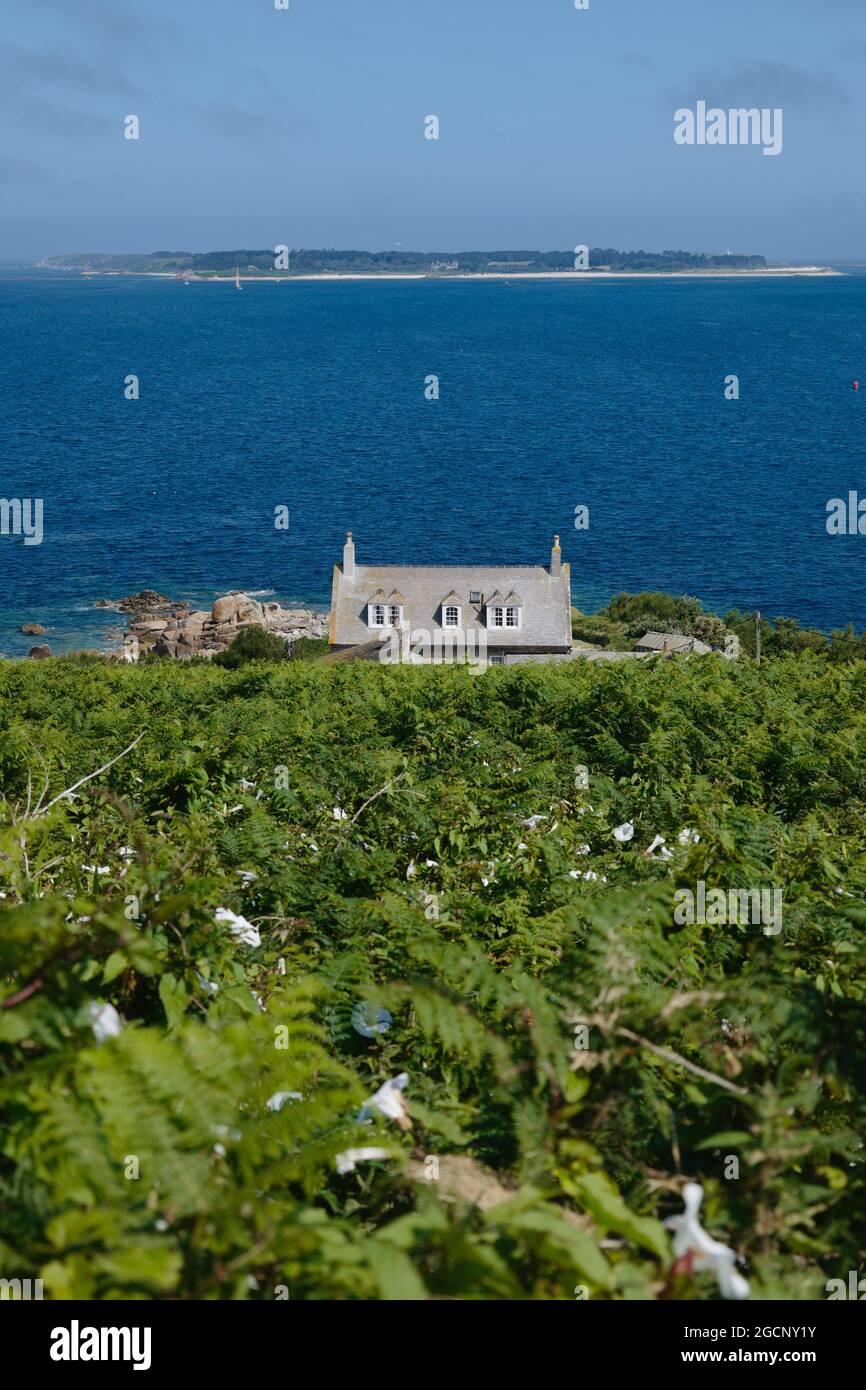 View from Garrison Hill looking towards Tresco, with house by the sea, St Mary's island, Isles of Scilly, Cornwall, England, UK, July 2021 Stock Photo