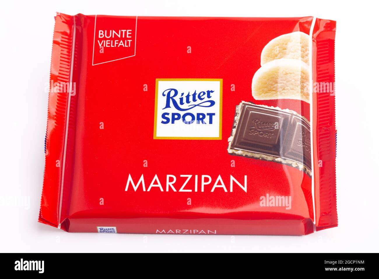 HUETTENBERG, GERMANY - 2021-07-24, RITTER SPORT chocolate with marzipan  filling. RITTER SPORT is German chocolate brand founded in 1912 Stock Photo  - Alamy