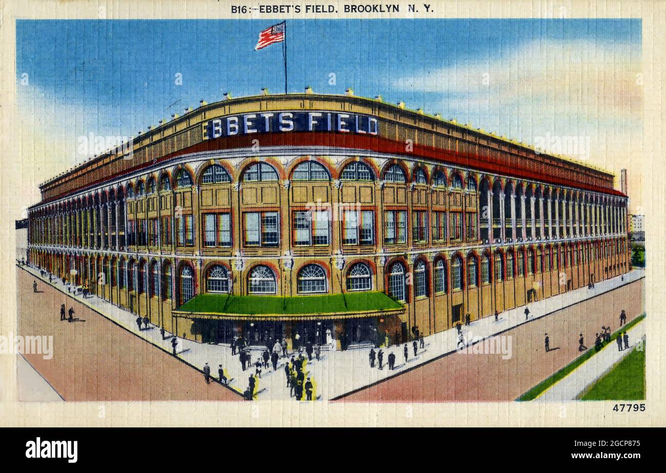 Vintage hand colored post card depicting Ebbet's Field, the home of  the Brooklyn Dodgers in New York until 1957. Stock Photo