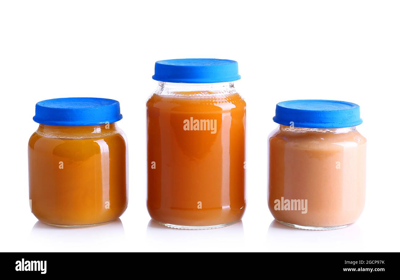 Baby food in glass jars, isolated on white Stock Photo Alamy