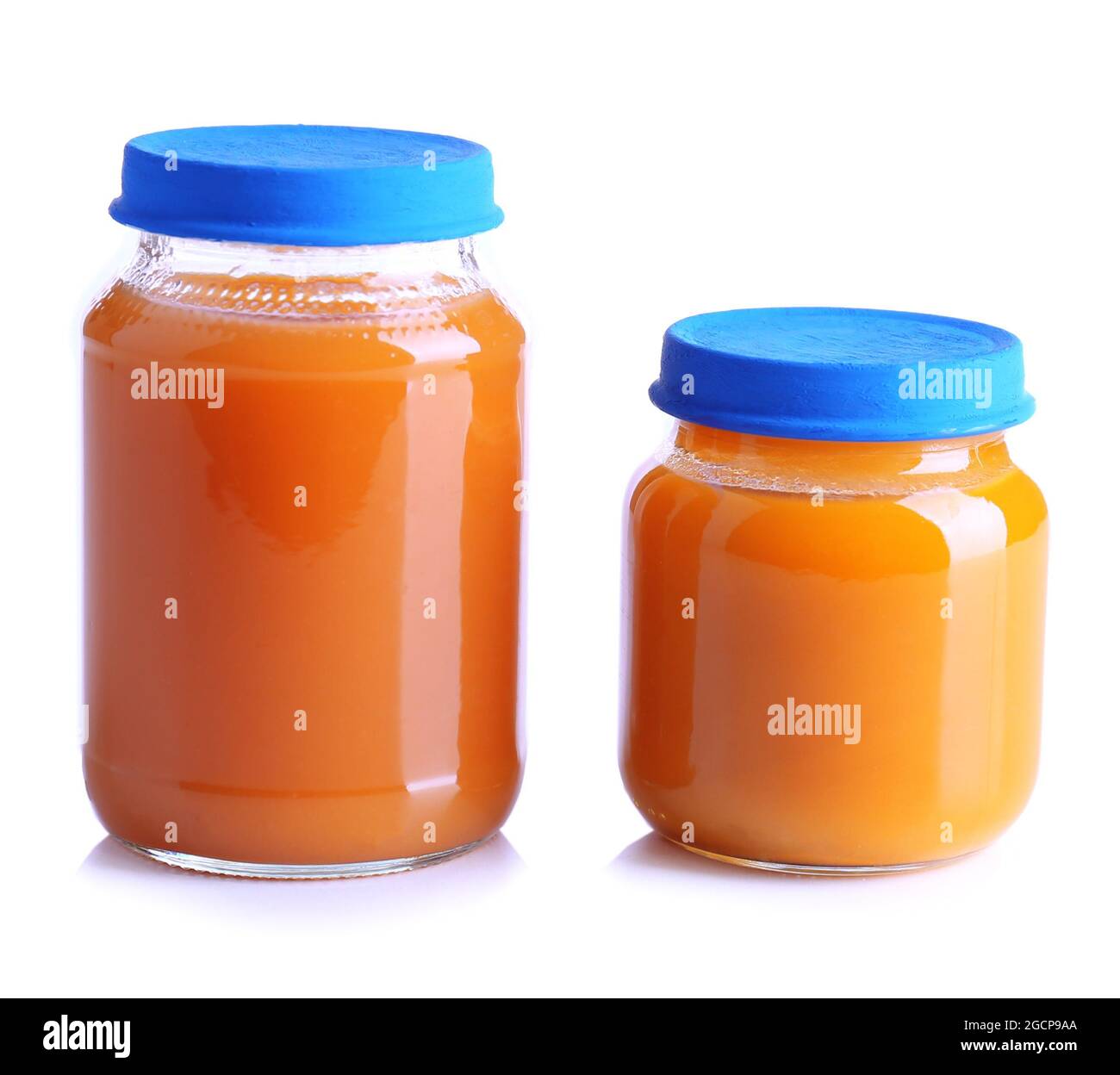 Baby food in glass jars, isolated on white Stock Photo Alamy