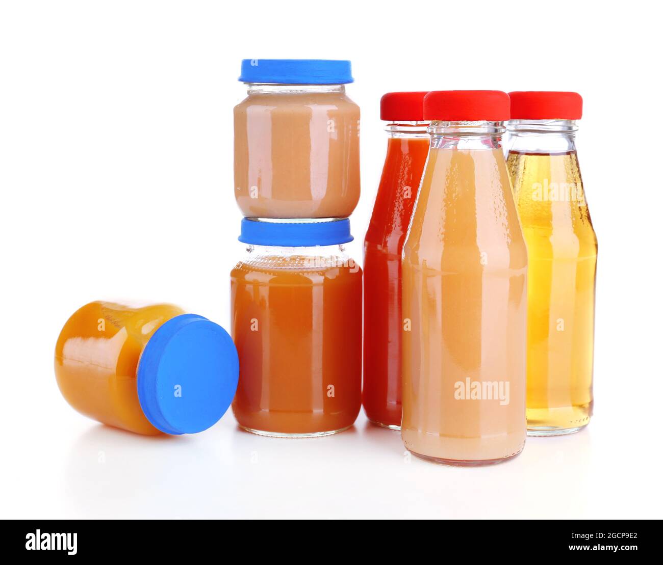 Baby food in glass jars, isolated on white Stock Photo Alamy