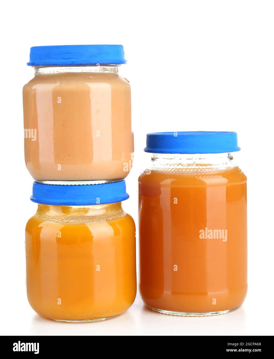 Baby food in glass jars, isolated on white Stock Photo Alamy