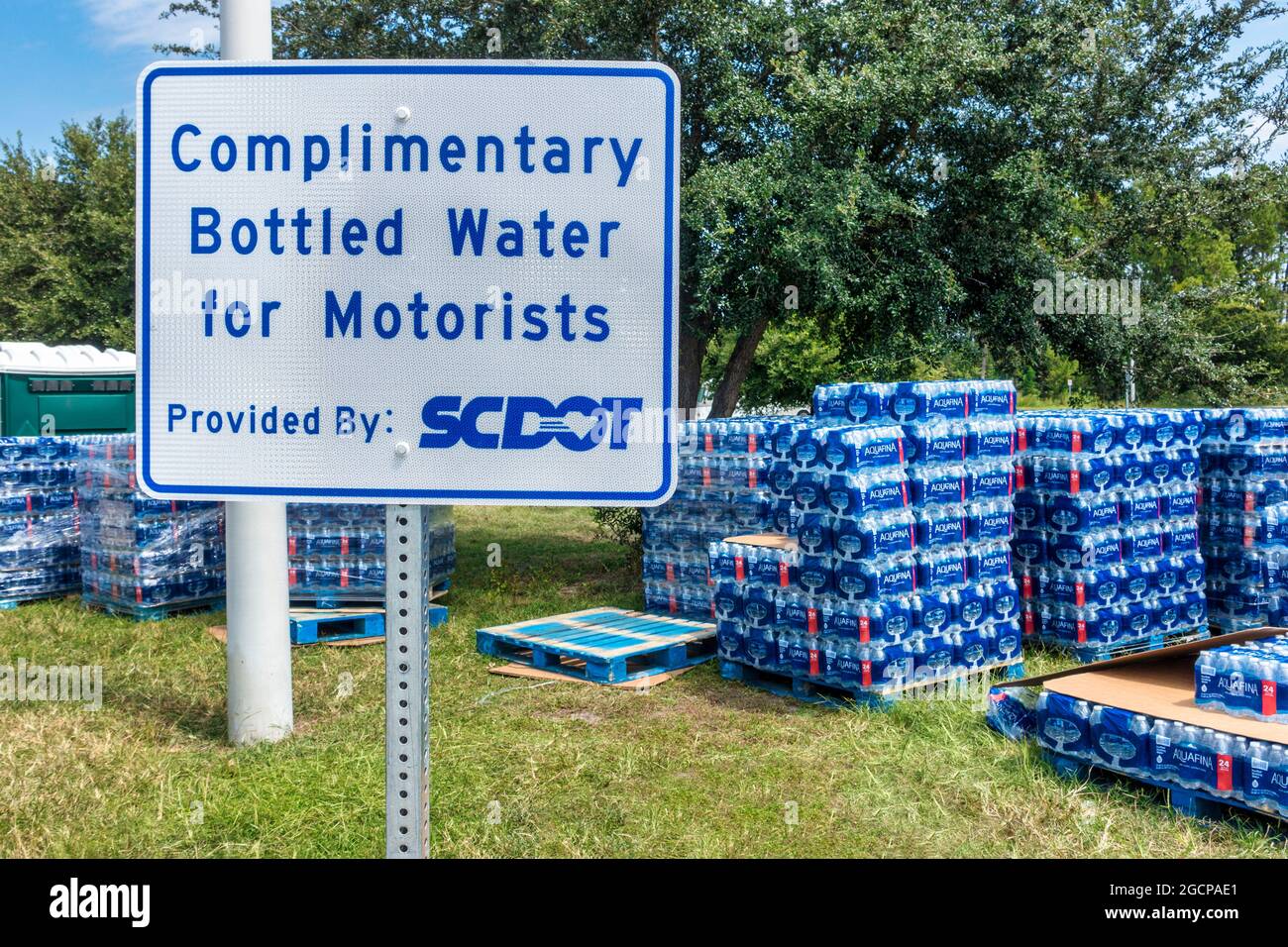 Complimentary cases of water for people evacuating from Florida during a Category 5 Hurricane warning at a rest stop on I-95 in South Carolina. Stock Photo