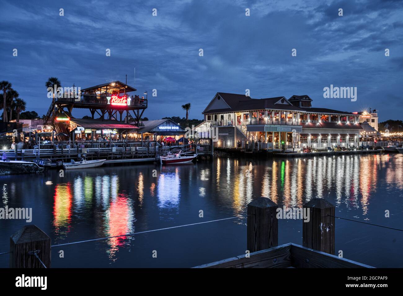 Restaurants At Blue Hour On The Shem Creek Boardwalk In Mount Pleasant Near Charleston South Carolina Stock Photo - Alamy