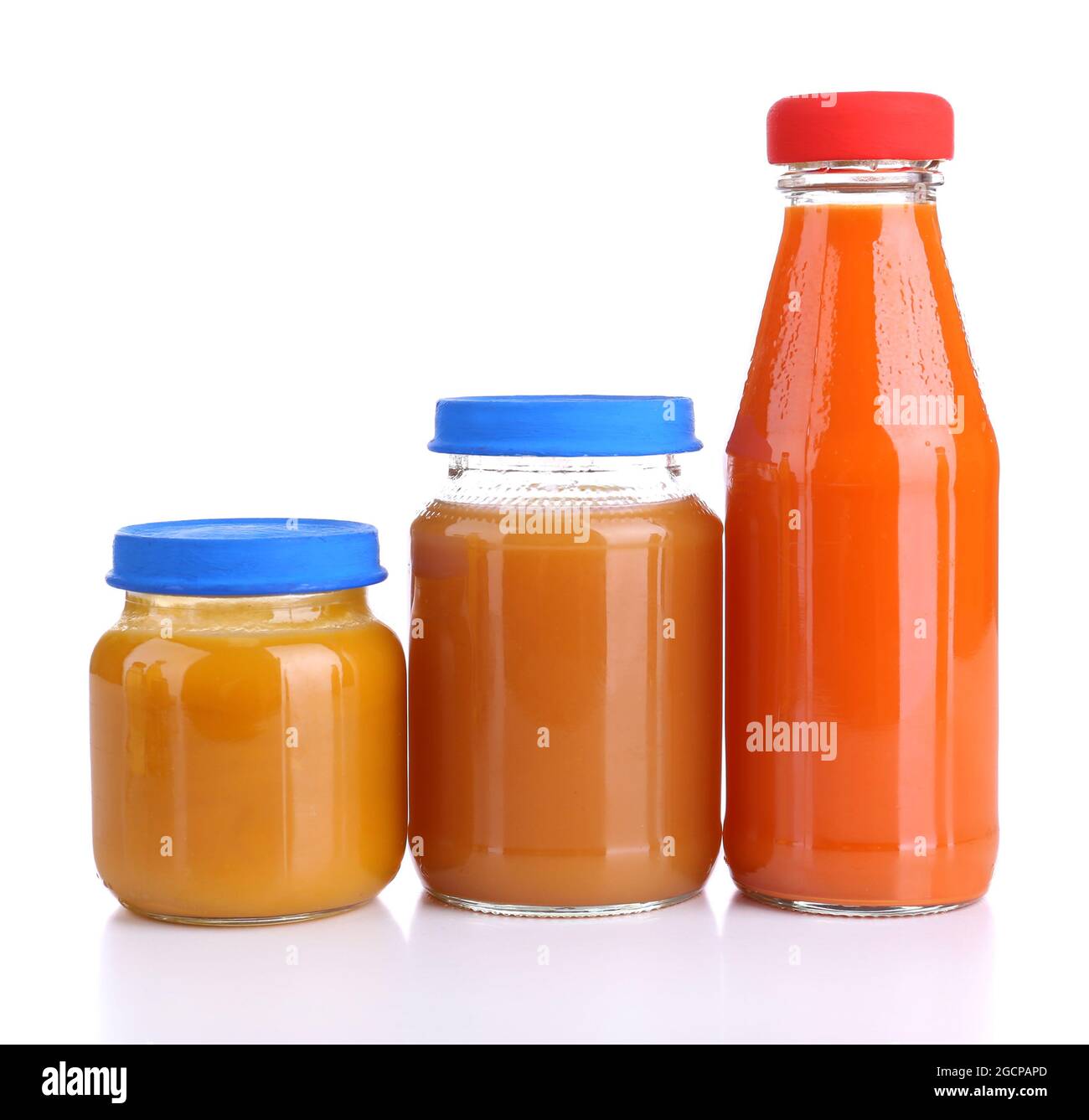 Baby food in glass jars, isolated on white Stock Photo Alamy