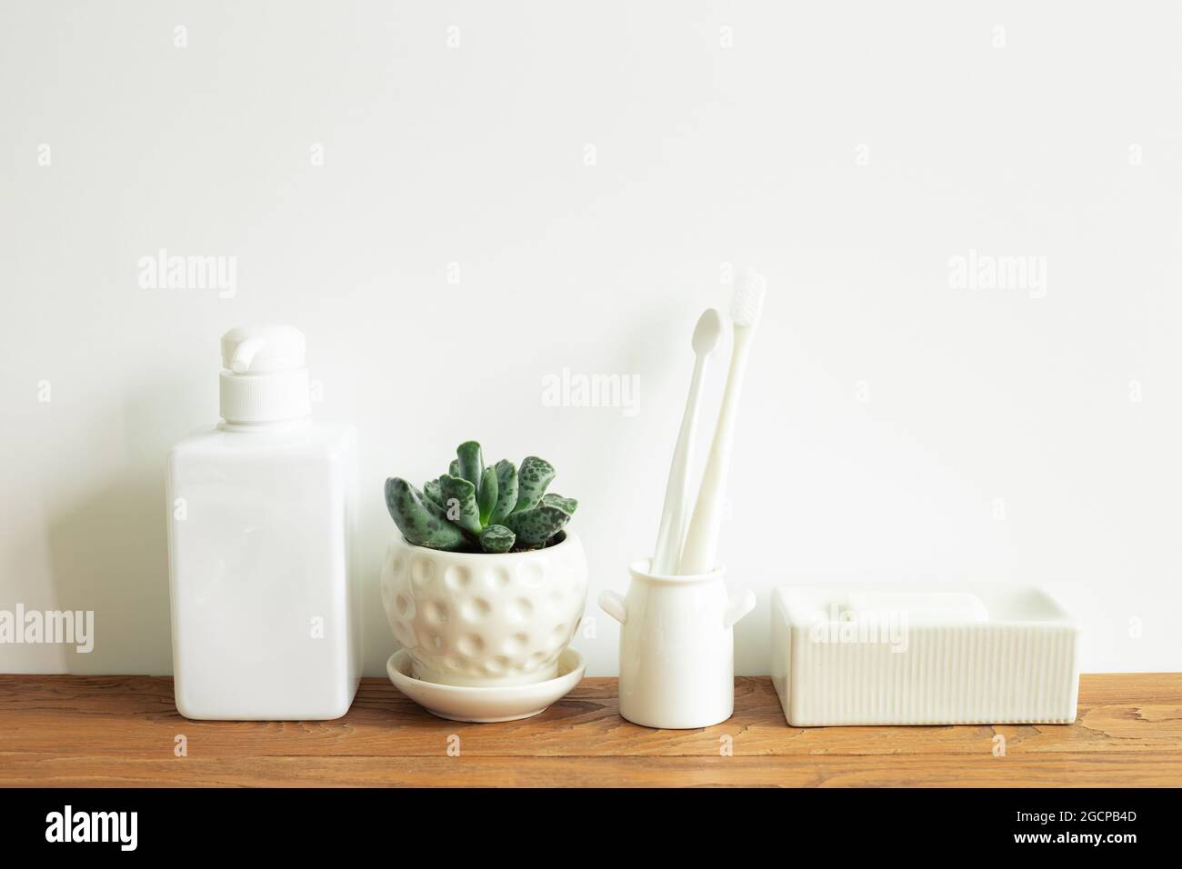 https://c8.alamy.com/comp/2GCPB4D/bathroom-bottle-soap-toothbrush-flowerpot-on-wooden-shelf-white-wall-background-skin-care-and-spa-concept-home-interior-2GCPB4D.jpg