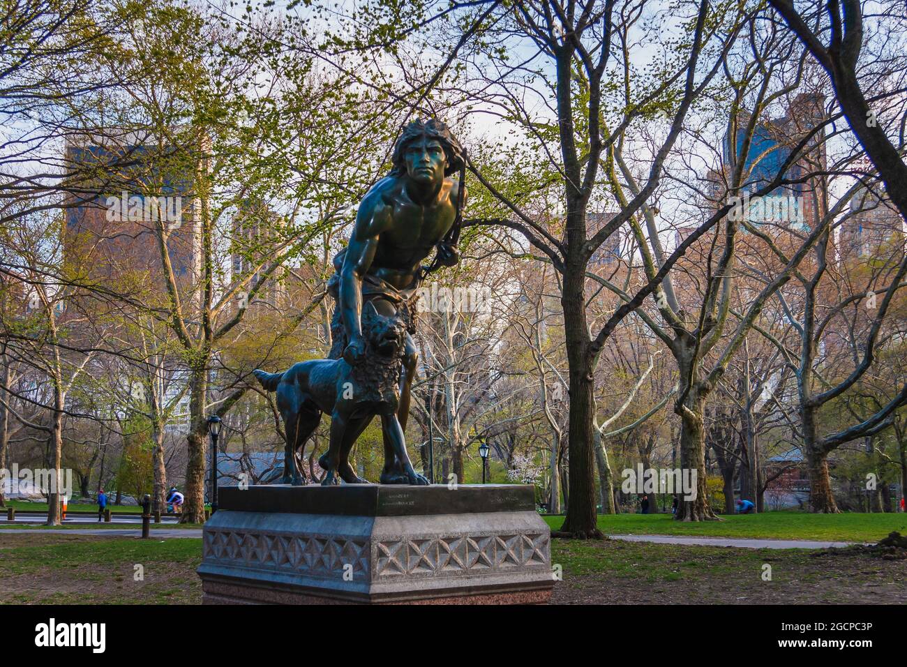 Indian Hunter, bronze sculpture by John Quincy Adams Ward, in Central Park, New York City. Stock Photo