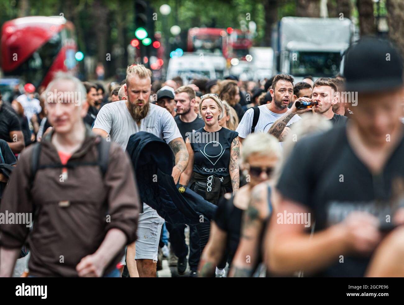 London, UK. 09th Aug, 2021. Protesters march in central London during the demonstration. Protesters held a demonstration against the mainstream media bias, covid restrictions, vaccine passports, Covid vaccination for children and the loss of freedom under the Coronavirus Act. Credit: SOPA Images Limited/Alamy Live News Stock Photo