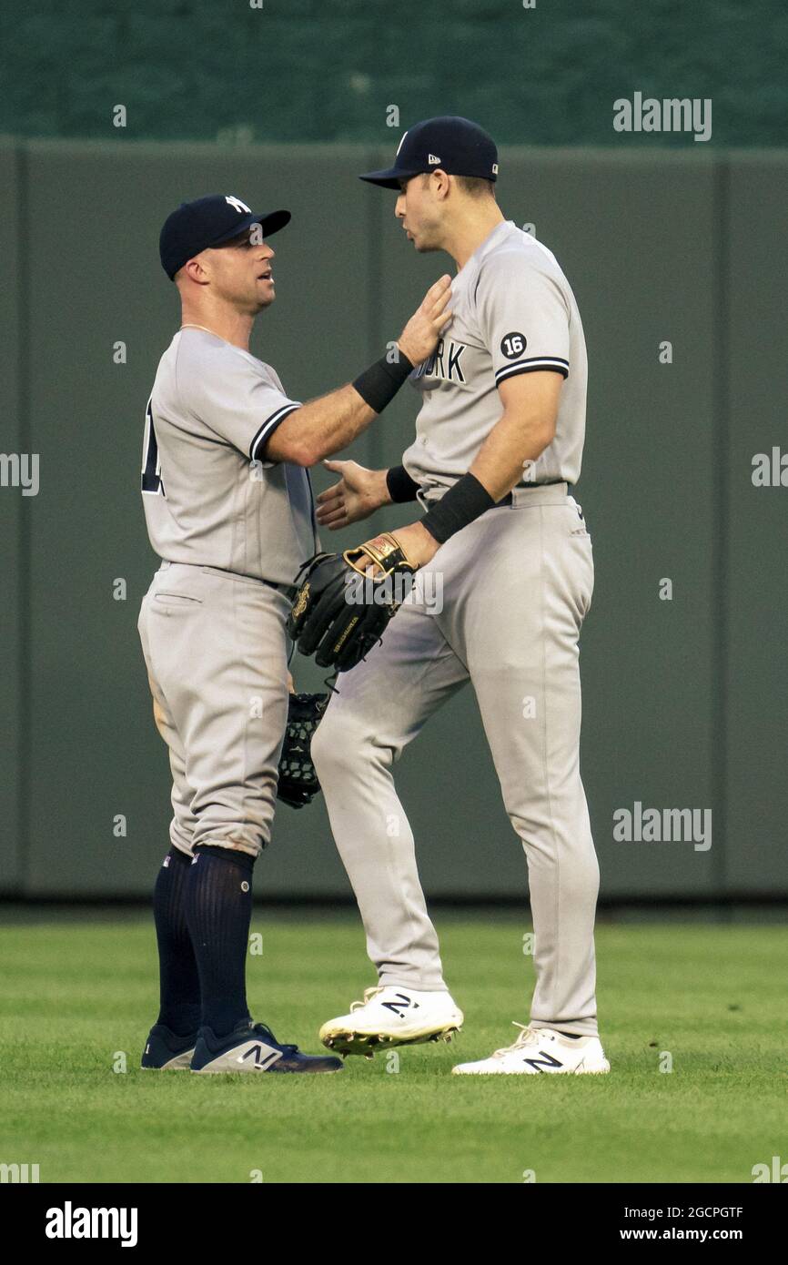 Kansas City, United States. 09th Aug, 2021. New York Yankees center fielder Joey Gallo (13) converses with left fielder Brett Gardner (11) after Gardner failed to catch the Kansas City Royals fly ball in the third inning at Kaufman Stadium in Kansas City, Missouri on Monday, August 09, 2021. Photo by Kyle Rivas/UPI Credit: UPI/Alamy Live News Stock Photo