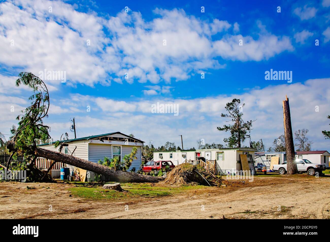 Downed trees are strewn around Twin Oaks Mobile Home Park after Hurricane Michael, Oct. 18, 2018, in Marianna, Florida. Stock Photo