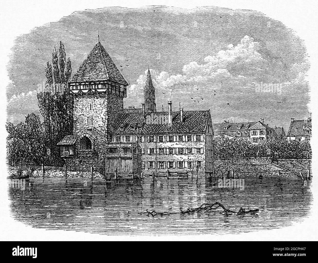 Engraving of The Rhine at Constance, scene of the martyrdom of John Huss in 1415 Stock Photo