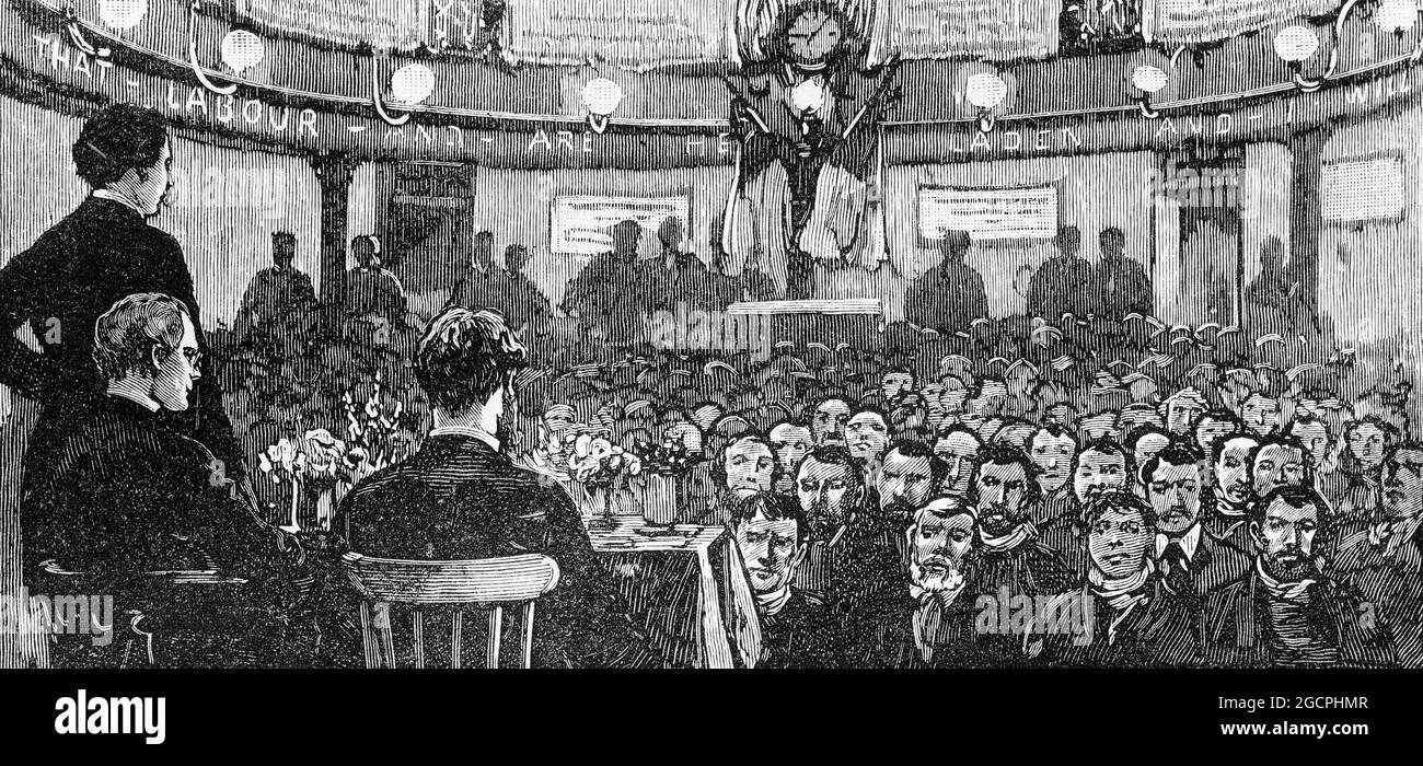 Engraving of men addressing an audience at a formal gospel meeting in Victorian England, circa 1890 Stock Photo