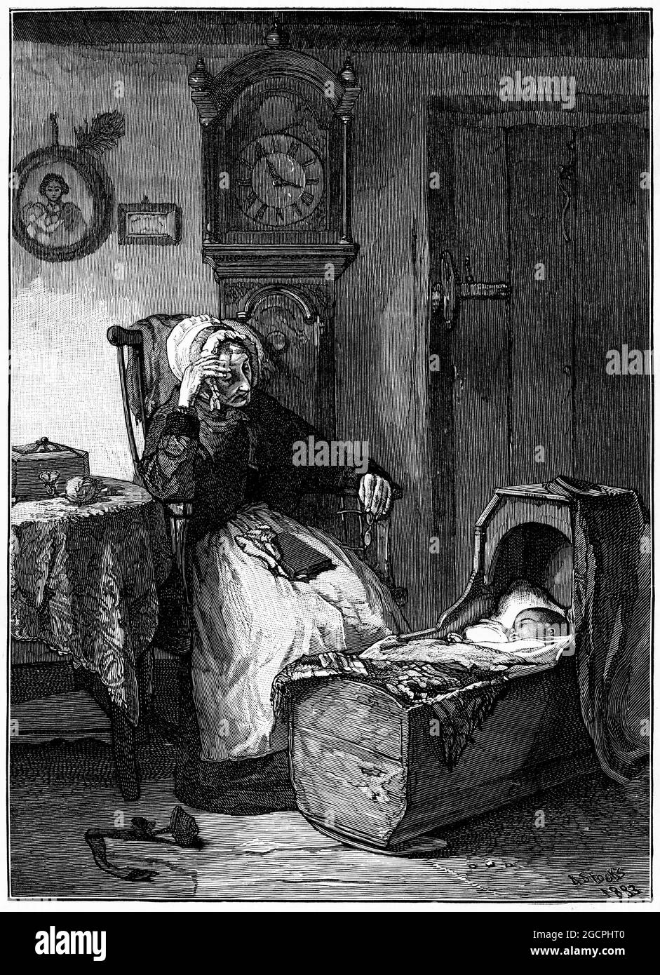 illustration of an elderly woman tending to a baby in its cradle, Victorian English setting Stock Photo