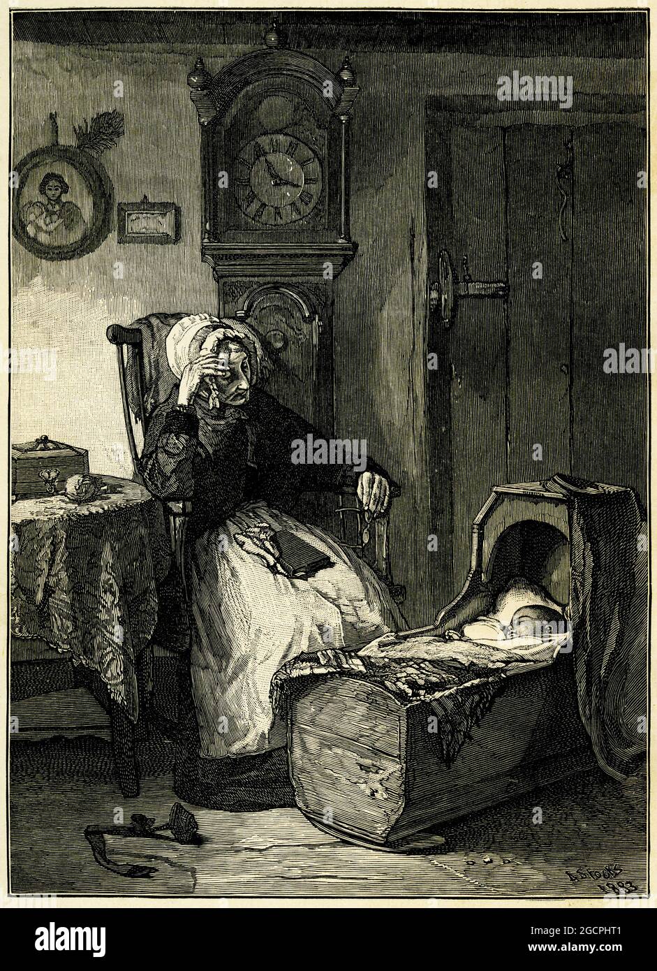 illustration of an elderly woman tending to a baby in its cradle, Victorian English setting Stock Photo