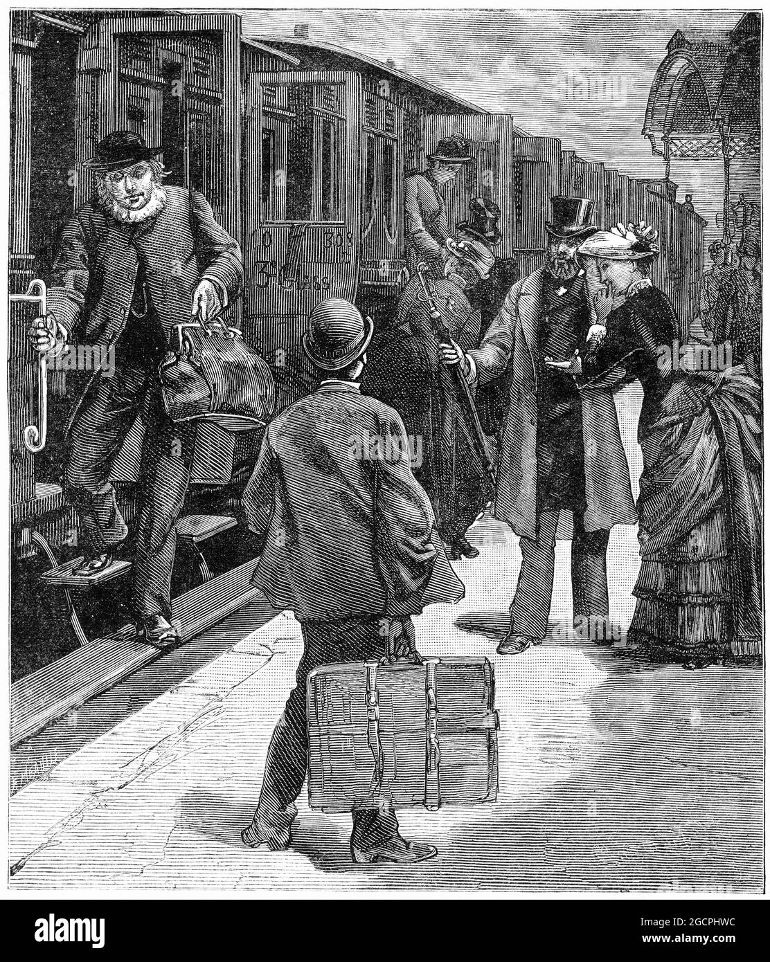 Engraving of passengers alighting from the third class carriage of a steam train in Victorian England, Stock Photo