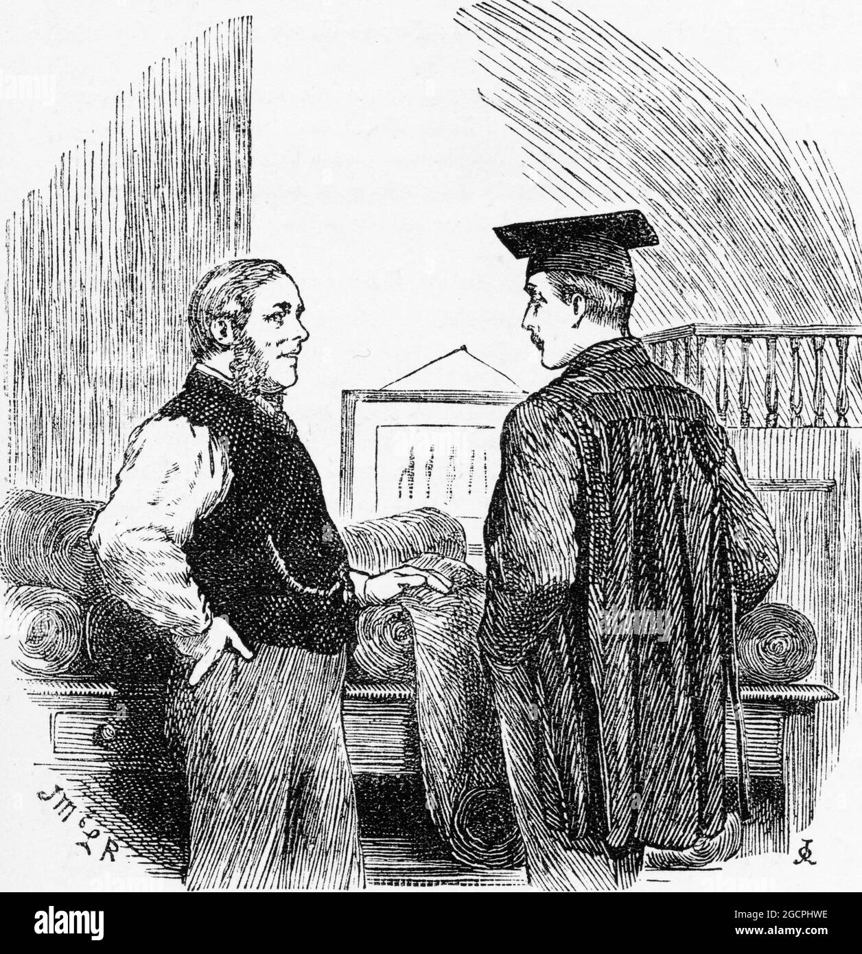 Engraving of a man in his graduation outfit discussing an order with his tailor Stock Photo
