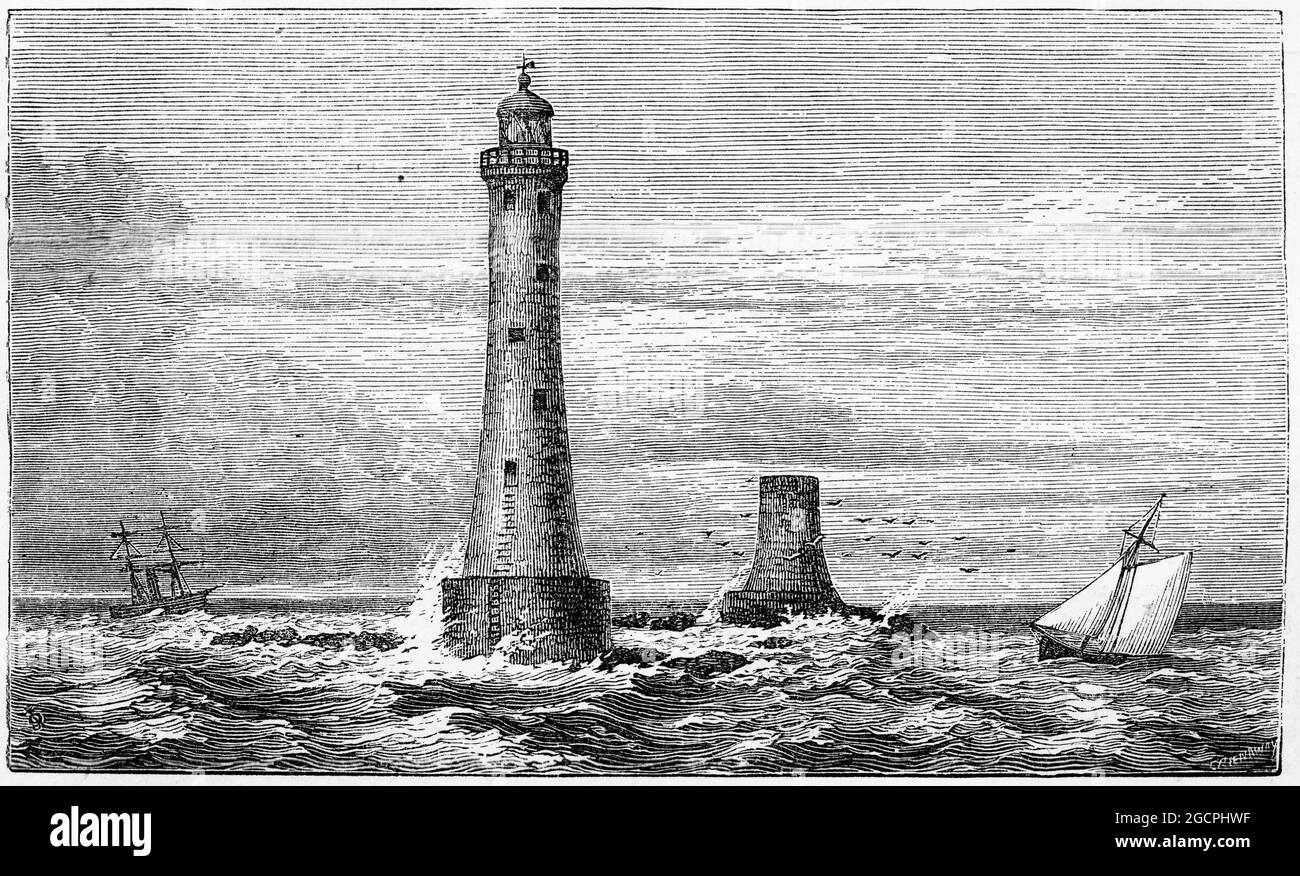 Engraving of the third Eddystone Lighthouse located on the dangerous Eddystone Rocks, 9 statute miles (14 km) south of Rame Head in Cornwall, England.. John Smeaton designed this lighthouse which was in use from 1759 to 1877. Stock Photo
