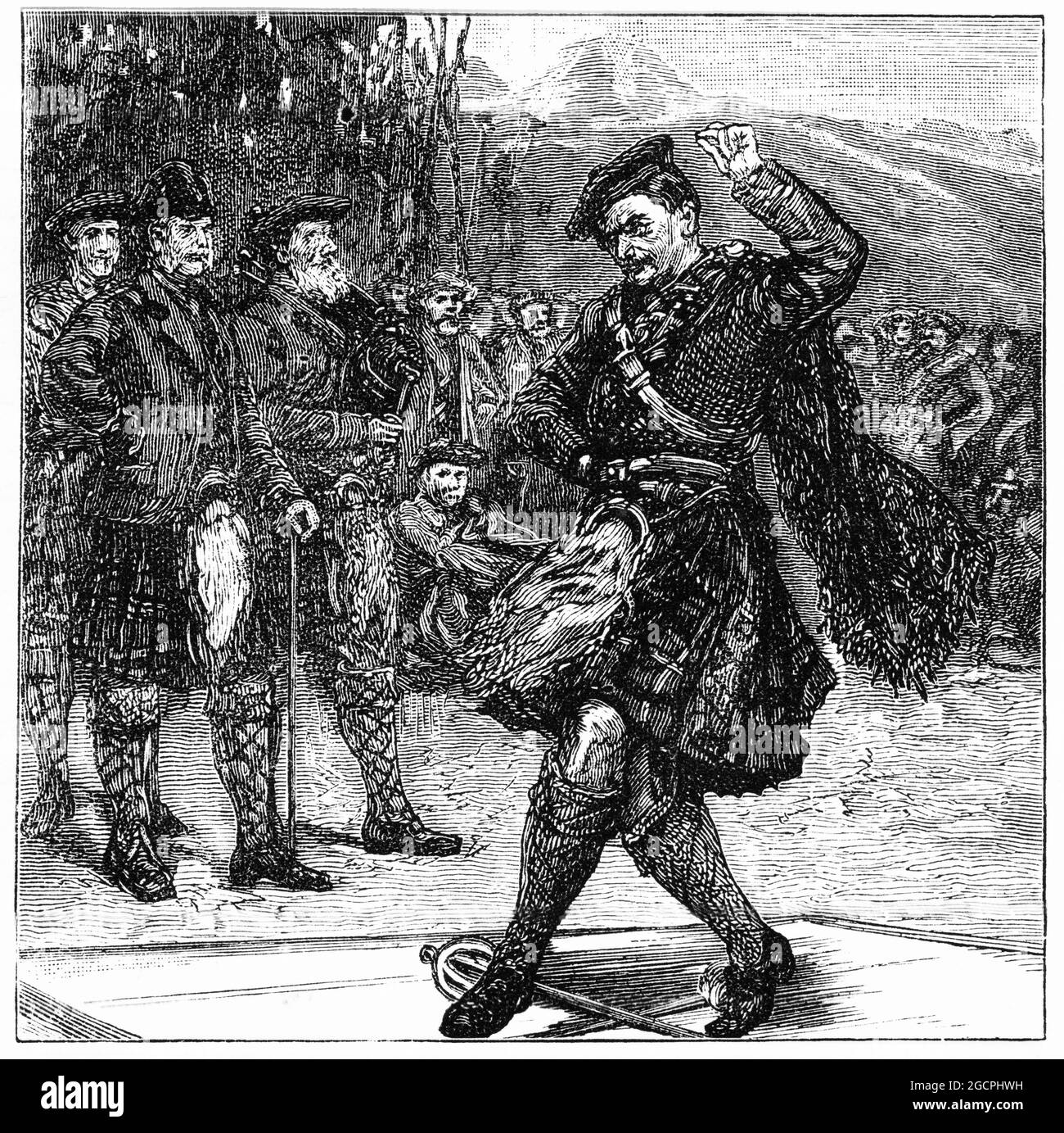 Engraving of a Scotsman doing the sword dance illustration circa 1890 Stock Photo